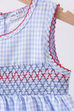 Blue flag smocked woven gingham dress Aaria Tees
