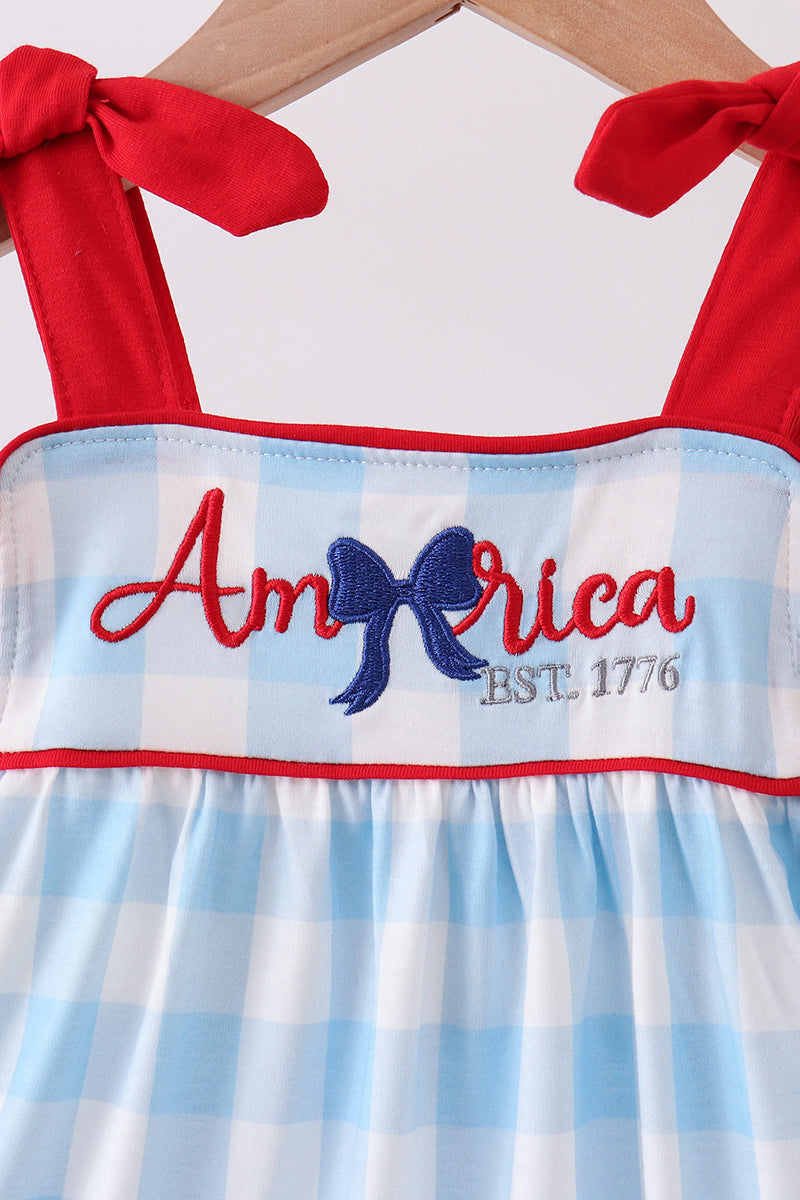 Blue America embroidery gingham ruffle dress - Aaria Tees Aaria Tees