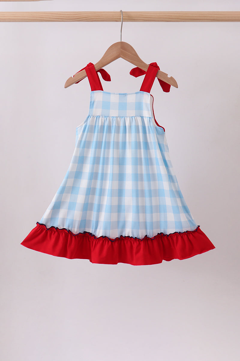 Blue America embroidery gingham ruffle dress - Aaria Tees Aaria Tees