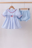 Blue flag smocked ruffle bloomer set Aaria Tees