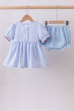 Blue flag smocked ruffle bloomer set Aaria Tees