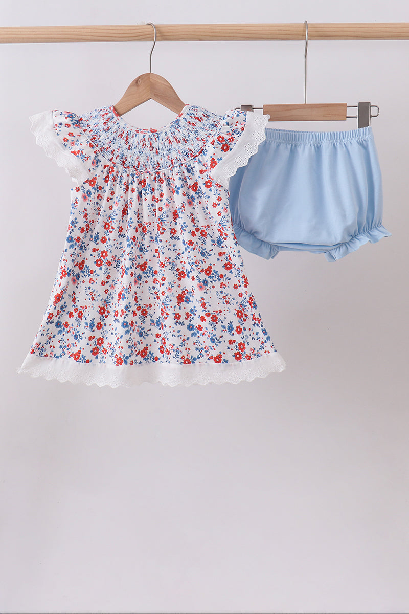 Blue floral lace smocked bloomer set - Aaria Tees