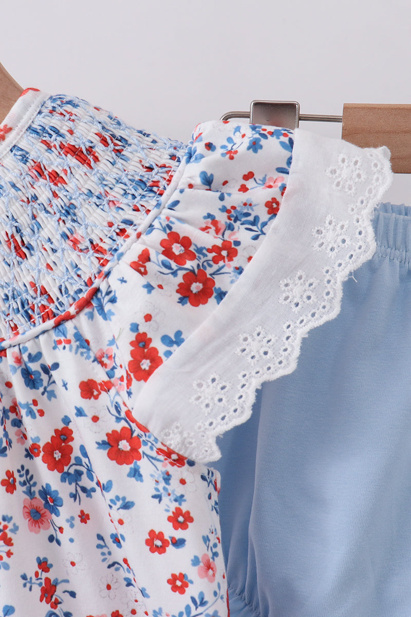 Blue floral lace smocked bloomer set - Aaria Tees Aaria Tees