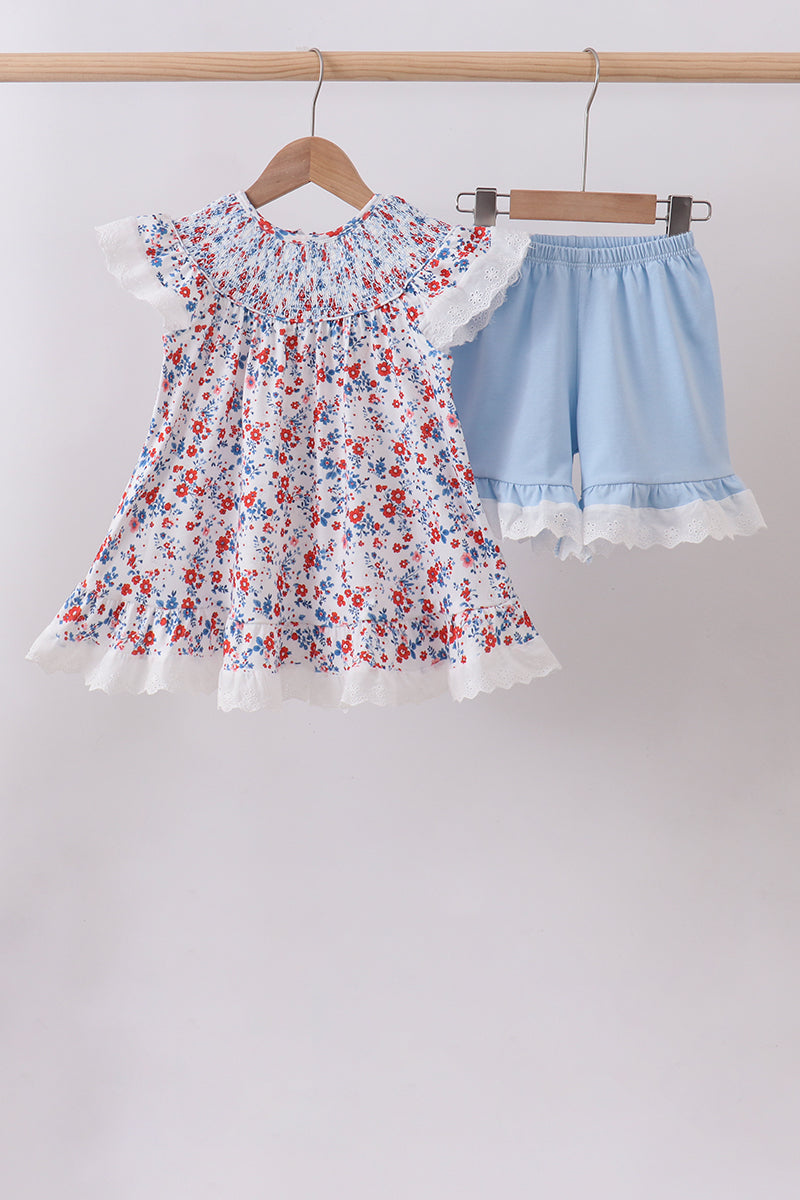 Blue floral lace smocked shorts set - Aaria Tees