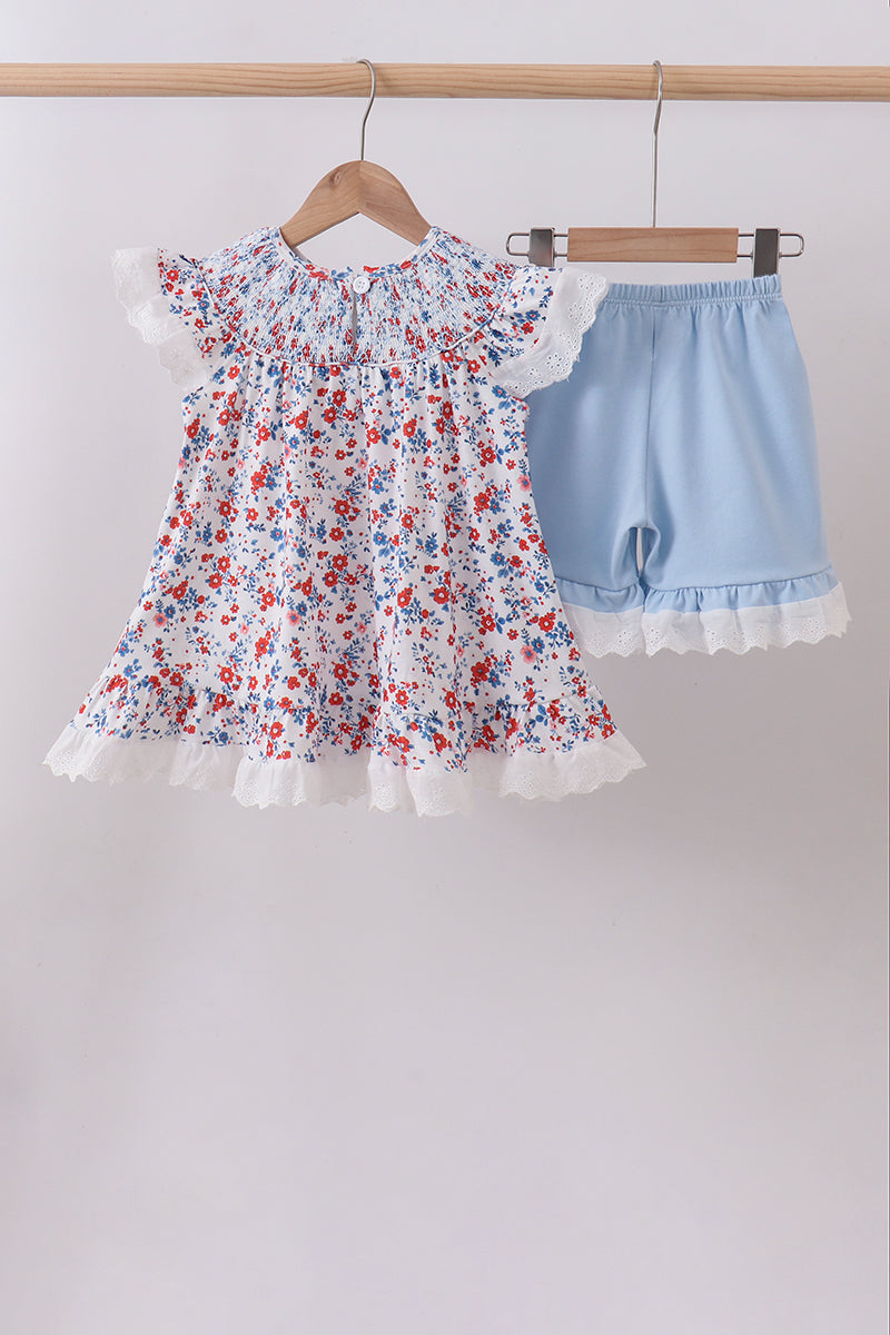 Blue floral lace smocked shorts set - Aaria Tees Aaria Tees