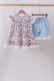 Blue floral lace smocked shorts set - Aaria Tees Aaria Tees