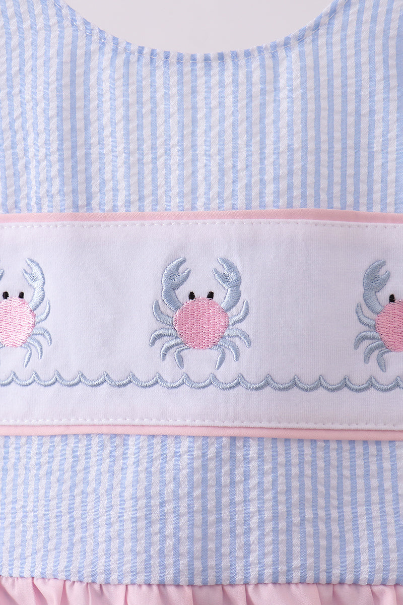 Blue stripe seersucker crab embroidery swimsuit - Aaria Tees Aaria Tees
