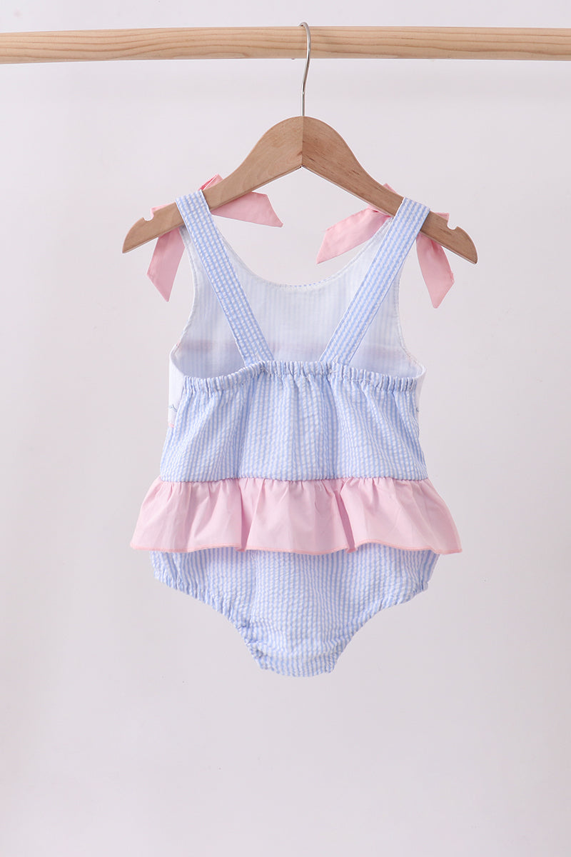 Blue stripe seersucker crab embroidery swimsuit - Aaria Tees Aaria Tees