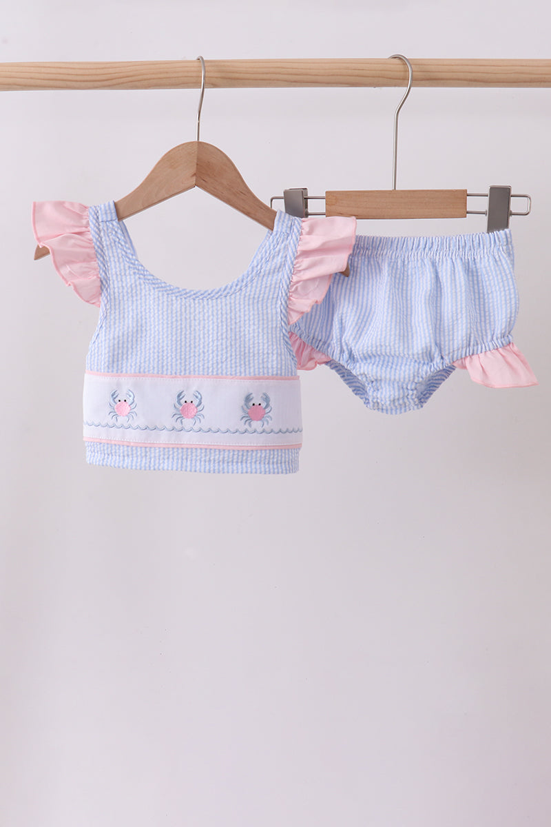 Blue stripe seersucker crab embroidery 2pc ruffle swimsuit - Aaria Tees