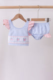 Blue stripe seersucker crab embroidery 2pc ruffle swimsuit - Aaria Tees Aaria Tees