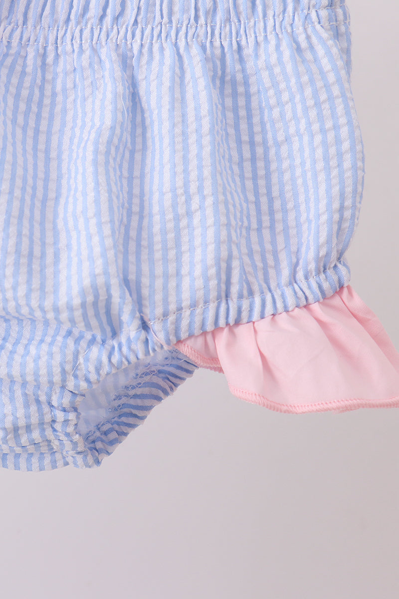Blue stripe seersucker crab embroidery 2pc ruffle swimsuit - Aaria Tees Aaria Tees