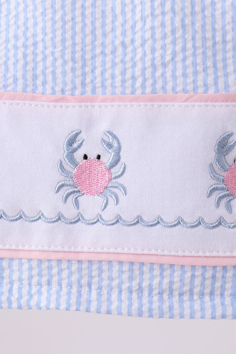 Blue stripe seersucker crab embroidery 2pc ruffle swimsuit - Aaria Tees Aaria Tees