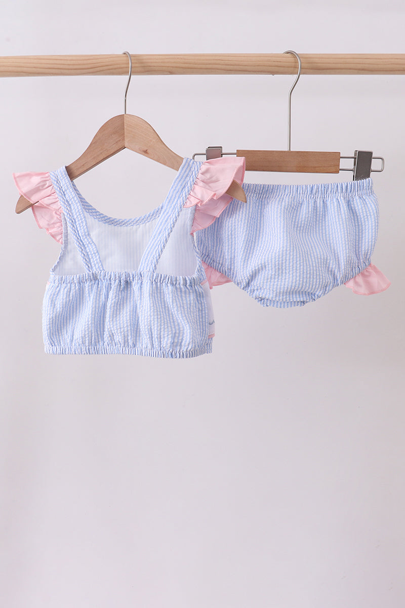 Blue stripe seersucker crab embroidery 2pc ruffle swimsuit - Aaria Tees Aaria Tees
