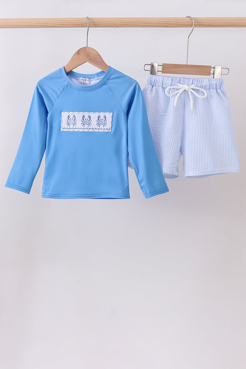 Blue crab embroidery stripe shorts swimsuit - Aaria Tees Aaria Tees