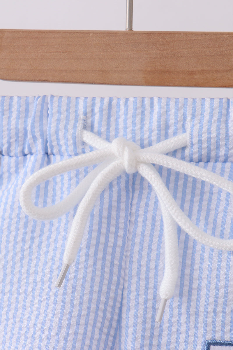 Blue stripe seersucker crab embroidery swim trunks - Aaria Tees Aaria Tees