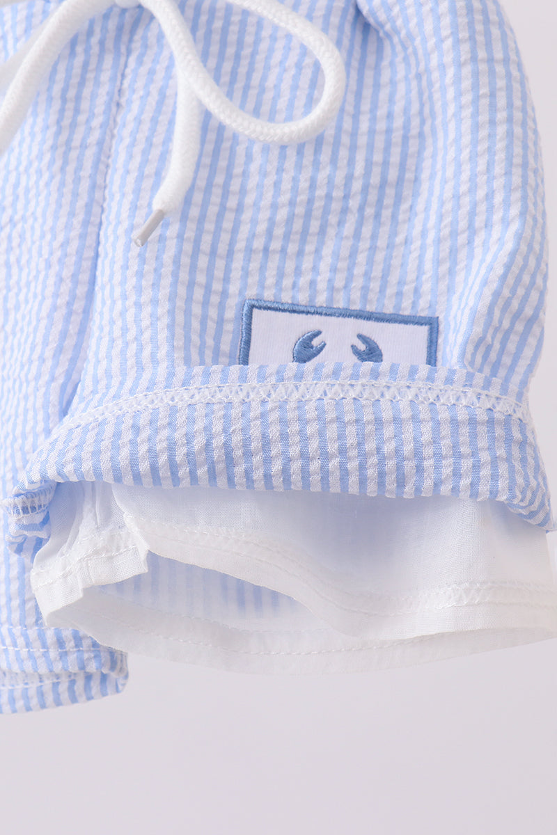 Blue stripe seersucker crab embroidery swim trunks - Aaria Tees Aaria Tees