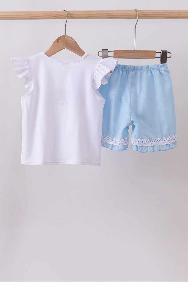 Blue flag smocked jacquard ruffle shorts set - Aaria Tees Aaria Tees