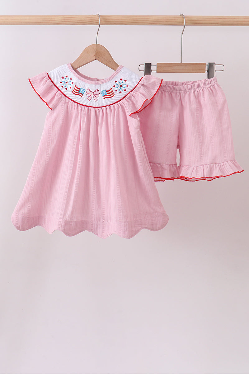 Pink fireworks flag smocked jacquard scalloped ruffle shorts set - Aaria Tees Aaria Tees