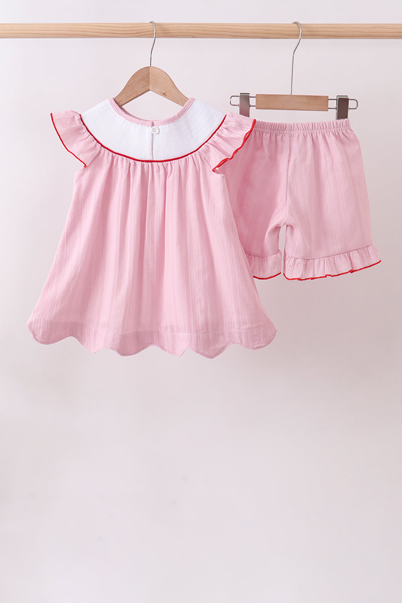 Pink fireworks flag smocked jacquard scalloped ruffle shorts set - Aaria Tees Aaria Tees