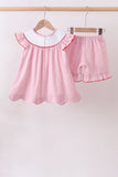 Pink fireworks flag smocked jacquard scalloped ruffle shorts set - Aaria Tees Aaria Tees