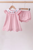 Pink fireworks flag smocked jacquard scalloped ruffle bloomer set Aaria Tees