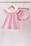 Pink fireworks flag smocked jacquard scalloped ruffle bloomer set Aaria Tees