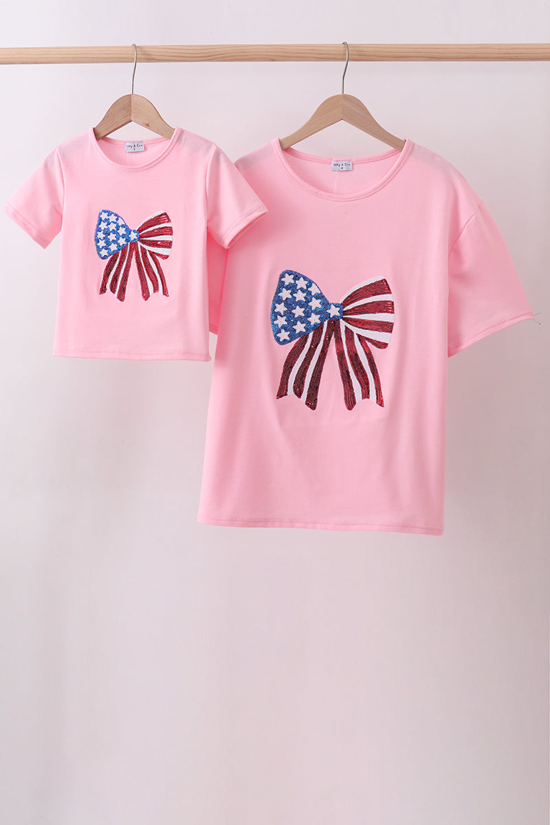 Pink flag bow sequin mom&me top - Aaria Tees Aaria Tees