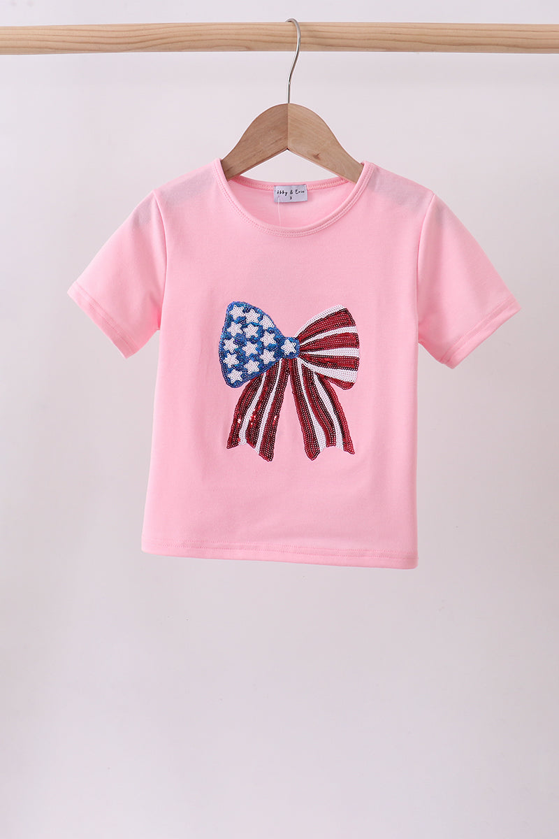 Pink flag bow sequin mom&me top - Aaria Tees Aaria Tees