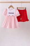 Pink flag embroidery gingham ruffle shorts set Aaria Tees