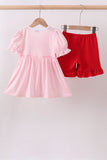 Pink flag embroidery gingham ruffle shorts set Aaria Tees