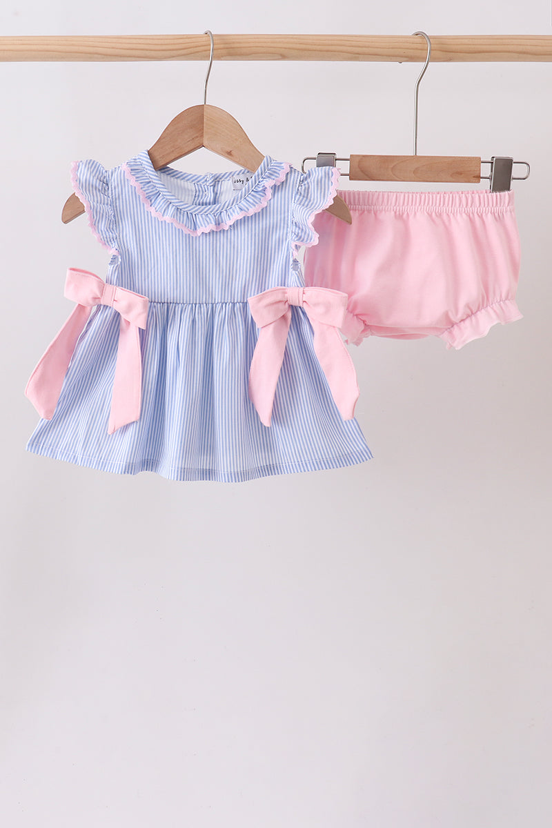Blue Stripe Bow Bloomer Set - Aaria Tees Aaria Tees