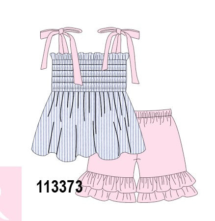 Blue Stripe Bow Smocked Ruffle Shorts Set