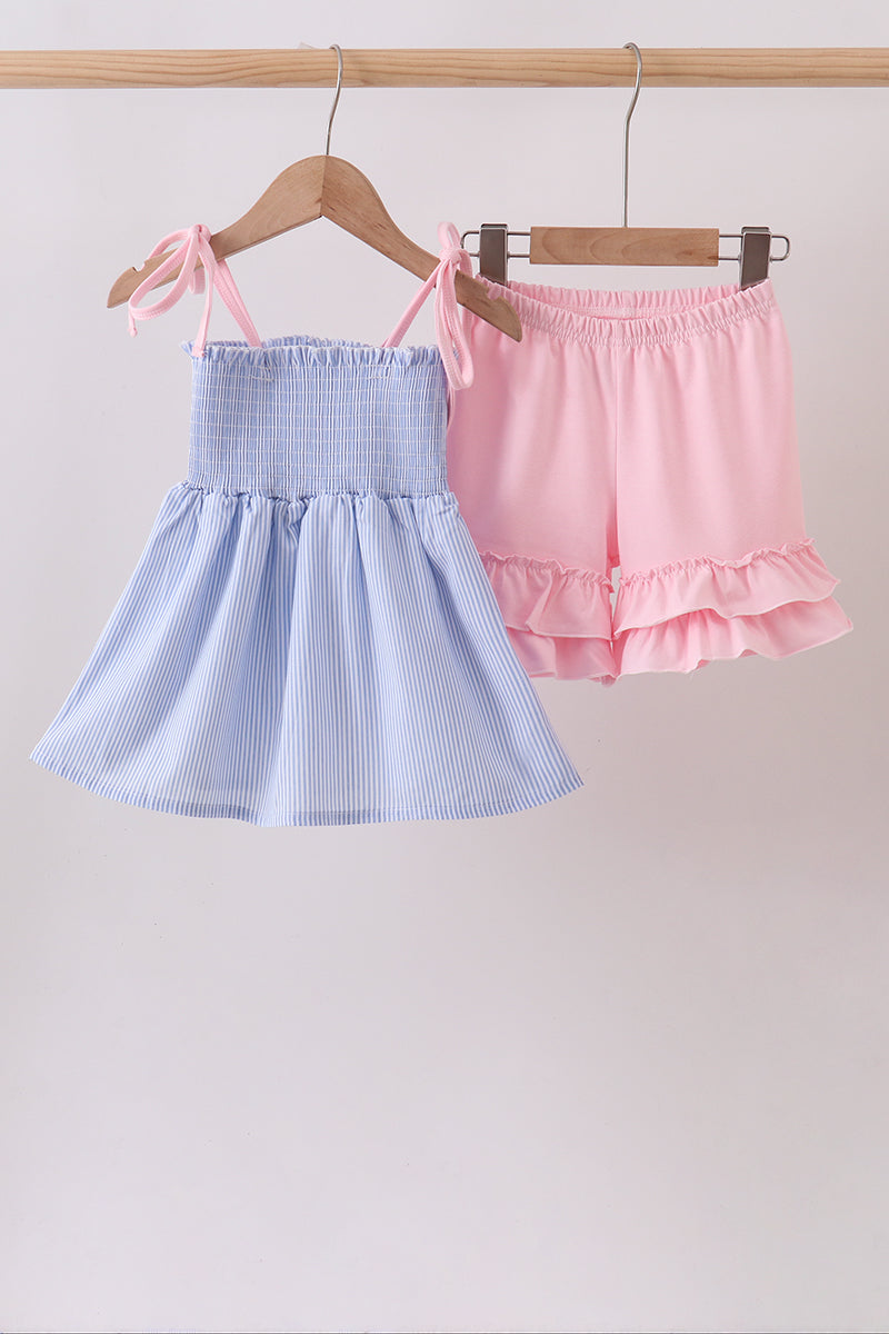 Blue Stripe Bow Smocked Ruffle Shorts Set - Aaria Tees