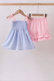 Blue Stripe Bow Smocked Ruffle Shorts Set - Aaria Tees Aaria Tees