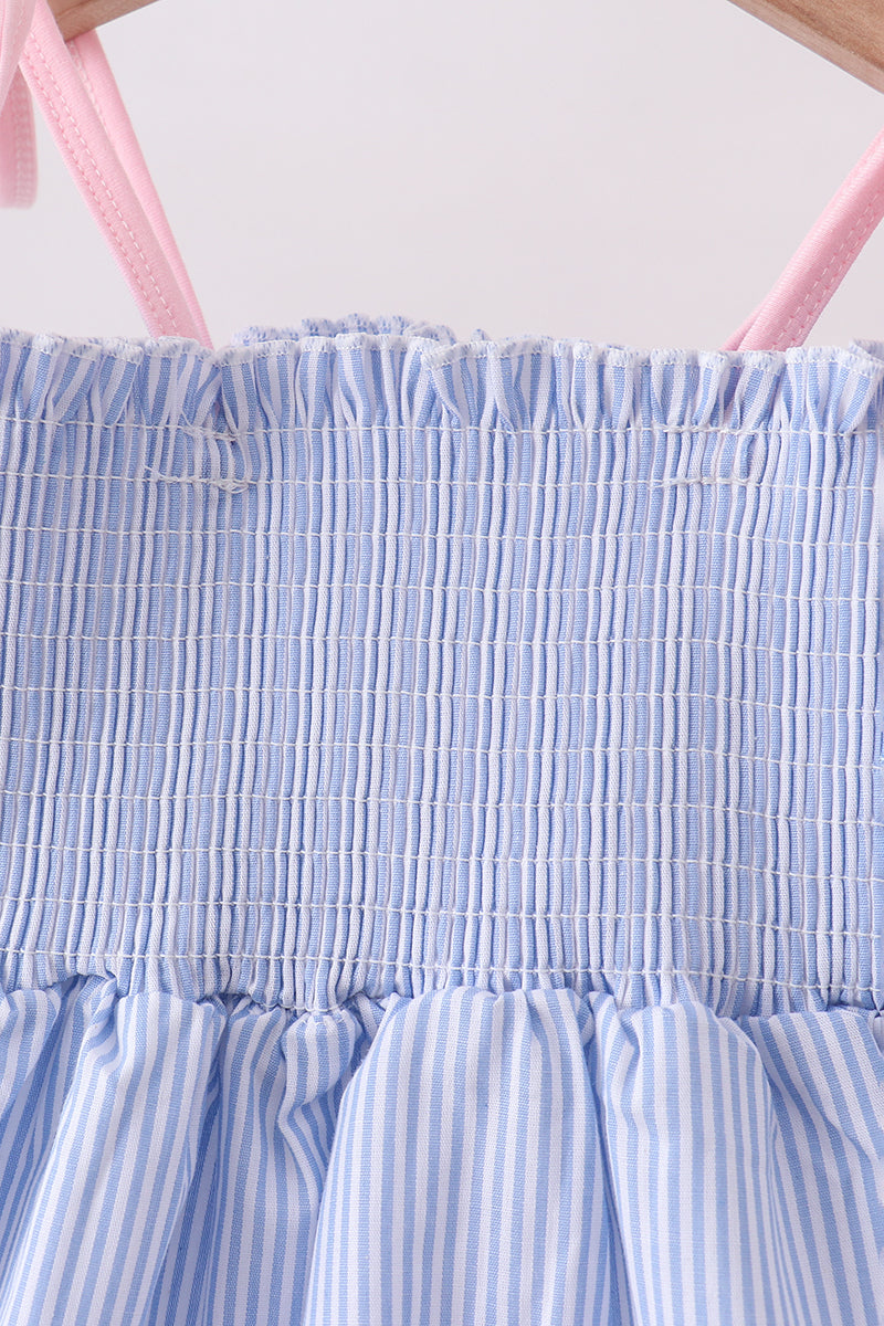 Blue Stripe Bow Smocked Ruffle Shorts Set - Aaria Tees Aaria Tees