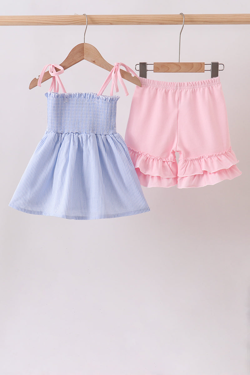 Blue Stripe Bow Smocked Ruffle Shorts Set - Aaria Tees Aaria Tees