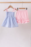 Blue Stripe Bow Smocked Ruffle Shorts Set - Aaria Tees Aaria Tees