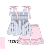 Blue Stripe Bow Smocked Ruffle Shorts Set Aaria Tees