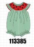 Green Watermelon Stripe Smocked Embroidered Seersucker Bubble Aaria Tees