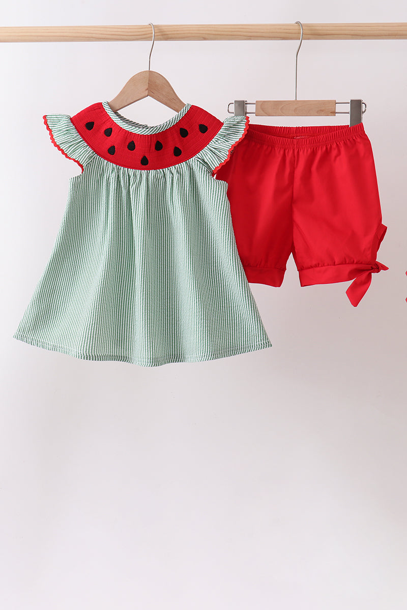 Green Watermelon Stripe Smocked Embroidered Seersucker Set - Aaria Tees Aaria Tees