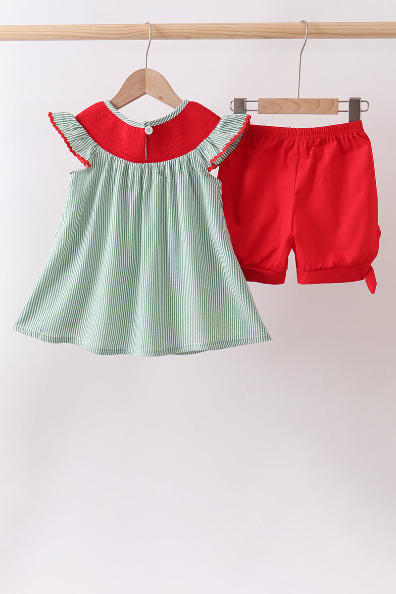 Green Watermelon Stripe Smocked Embroidered Seersucker Set - Aaria Tees Aaria Tees