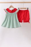 Green Watermelon Stripe Smocked Embroidered Seersucker Set - Aaria Tees Aaria Tees