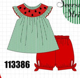Green Watermelon Stripe Smocked Embroidered Seersucker Set Aaria Tees