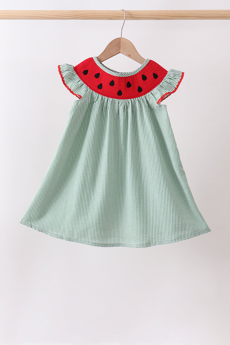 Green Watermelon Stripe Smocked Embroidered Seersucker Dress - Aaria Tees Aaria Tees