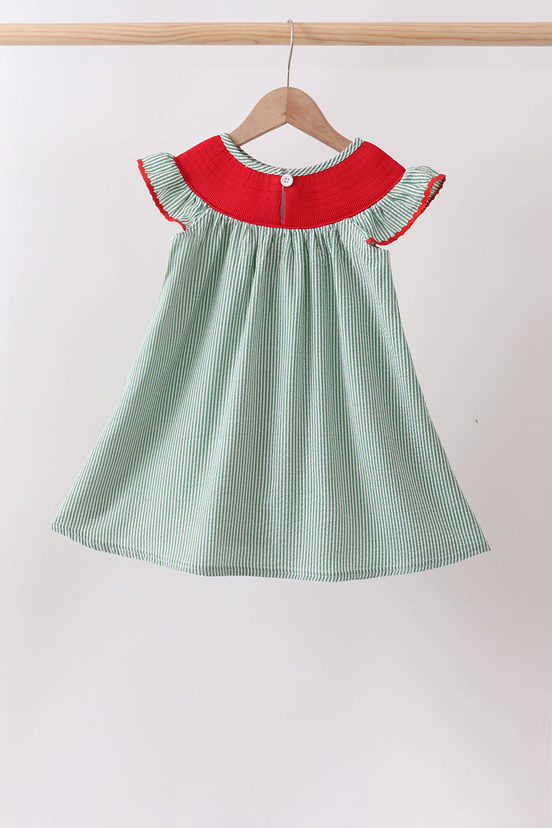 Green Watermelon Stripe Smocked Embroidered Seersucker Dress - Aaria Tees Aaria Tees