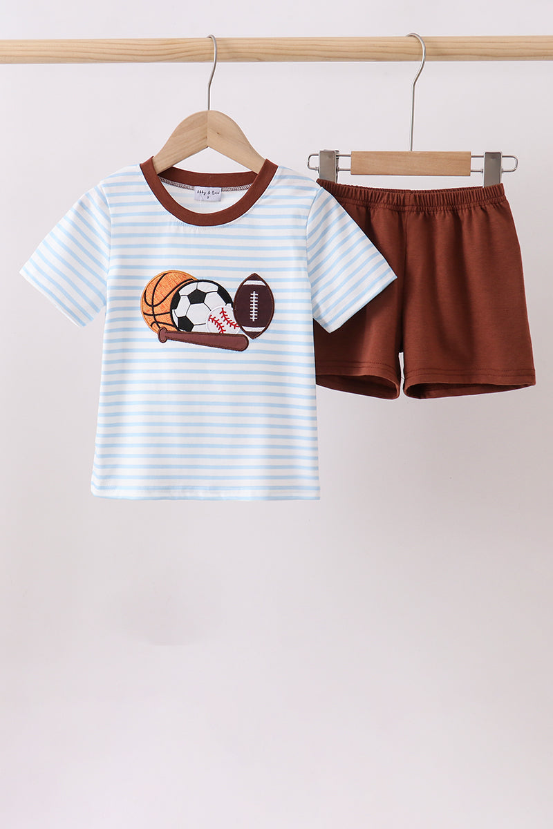 Blue Sports Ball Stripe Applique Knit Set - Aaria Tees