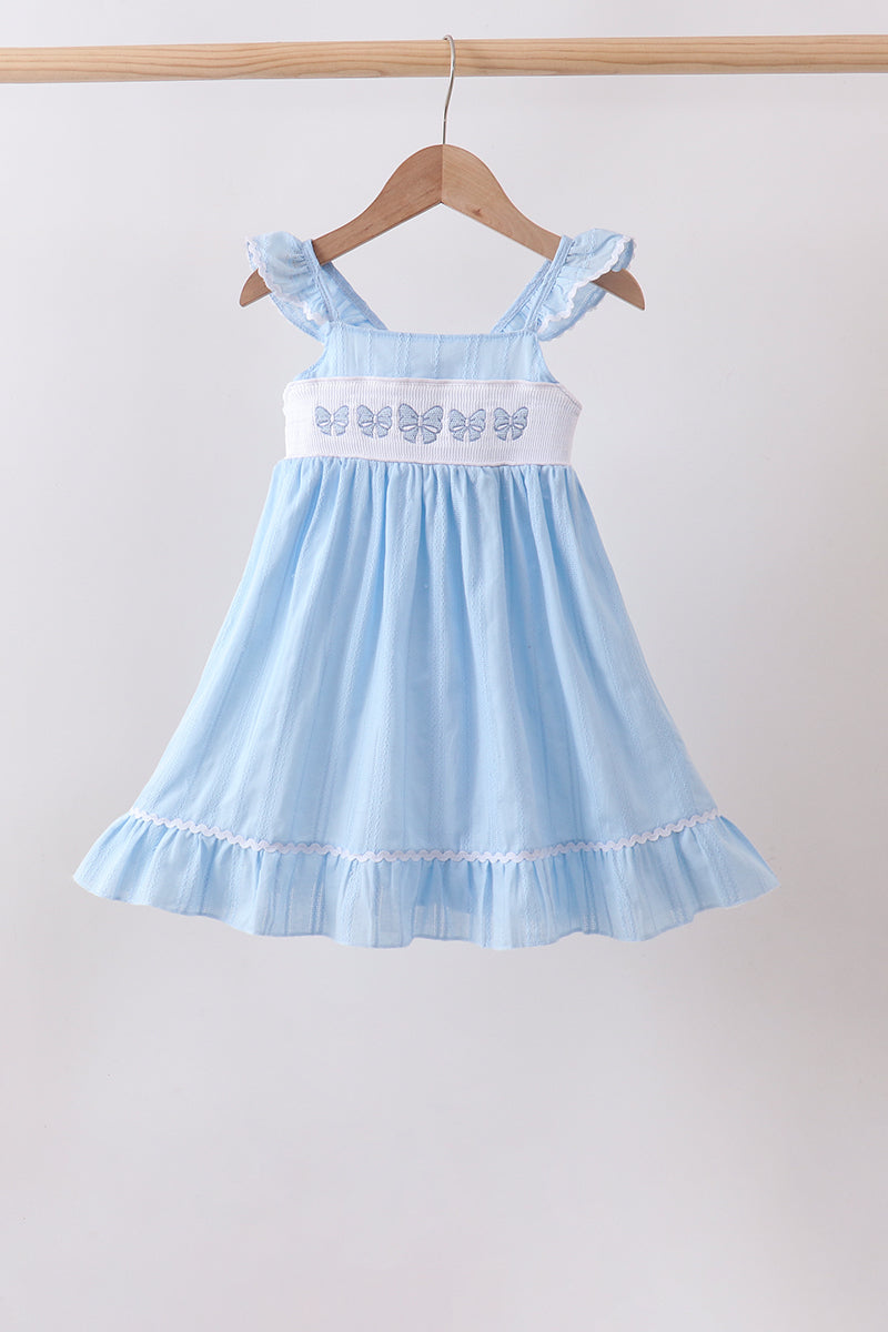 Blue Bow Smocked Embroidered Jacquard Dress - Aaria Tees