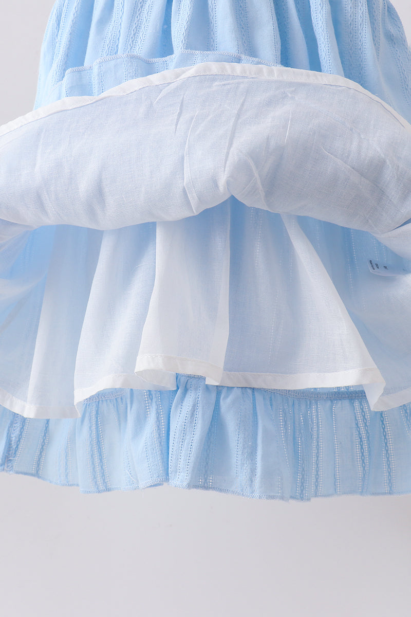 Blue Bow Smocked Embroidered Jacquard Dress - Aaria Tees Aaria Tees