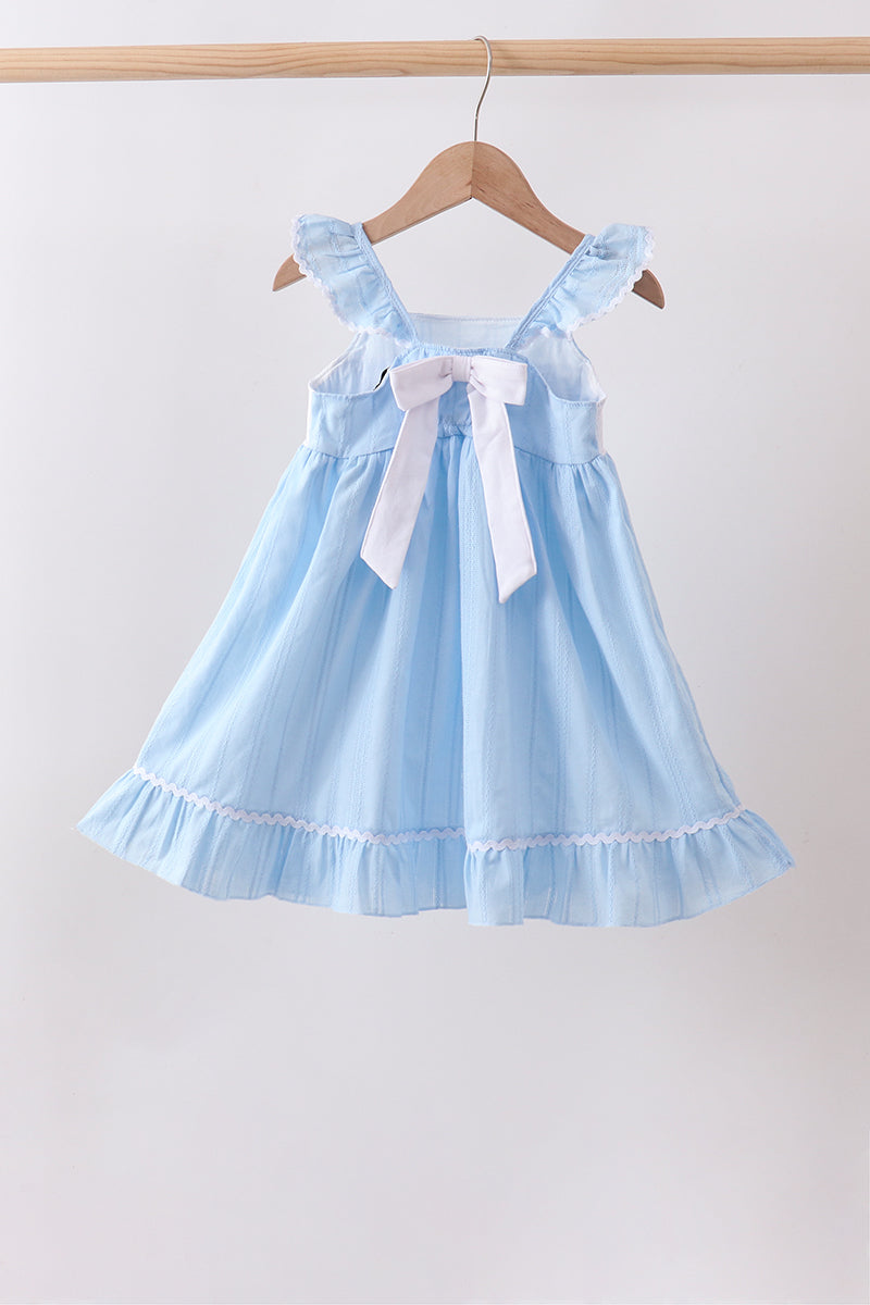 Blue Bow Smocked Embroidered Jacquard Dress - Aaria Tees Aaria Tees