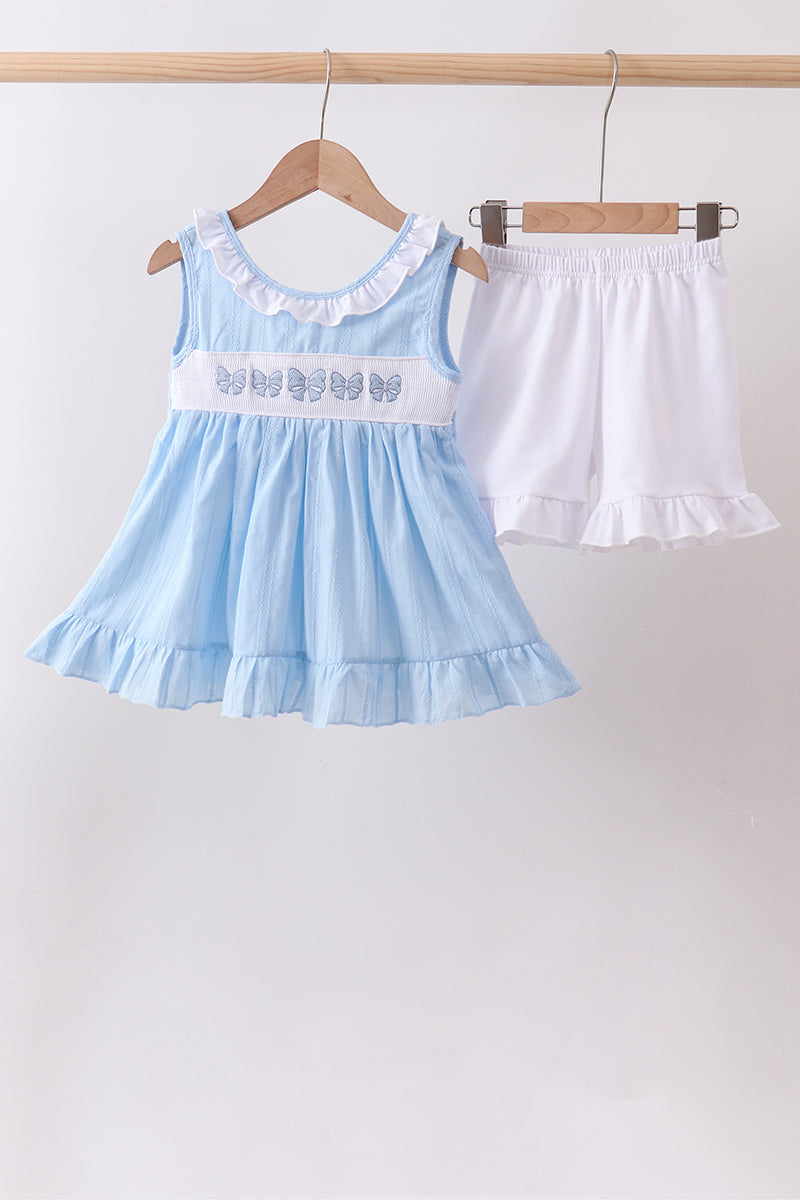 Blue Bow Smocked Embroidered Jacquard Set - Aaria Tees Aaria Tees